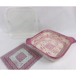 Temptations Ovenware by Tara Old World Pink 2 Qt Square Baking Dish w Lid Trivet